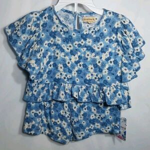 Bear Paw Girl's Short Set Sz 5/6 Blue Floral Boho Cottagecore Outfit Tassels